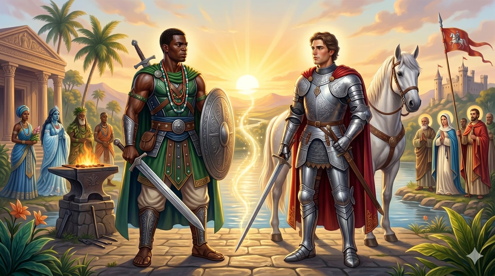 Ogum, Orixá guerreiro de matriz africana, e São Jorge, santo cavaleiro católico, lado a lado — o sincretismo religioso